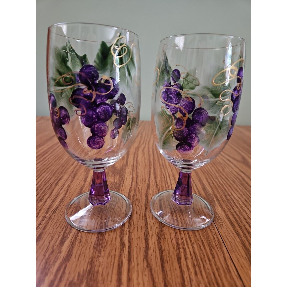 Set of 2 Hand Painted Grape Stemmed Wine Glasses, Clear Purple Glass Vines